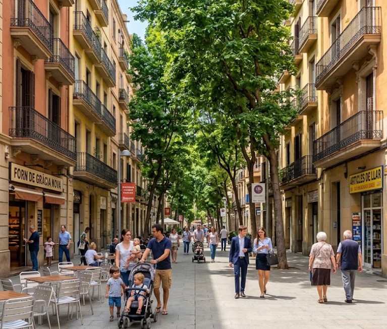 Vistas de las avenidas arboladas, fincas residenciales y vida vecinal en Gracia Nova, Barcelona